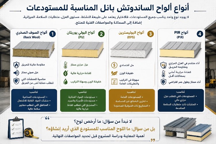 أنواع ألواح الساندوتش بانل المناسبة للمستودعات
