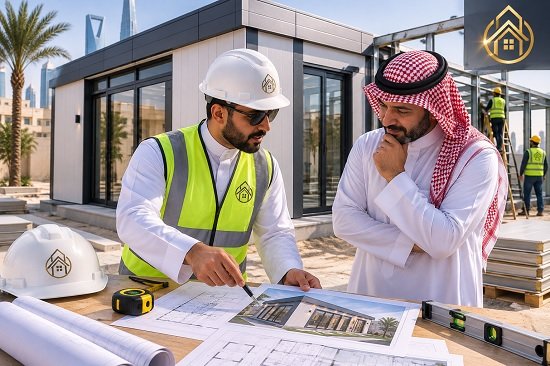 مراجعة مراحل التنفيذ مع العميل لإنشاء ملحق ساندوتش بانل فى جدة