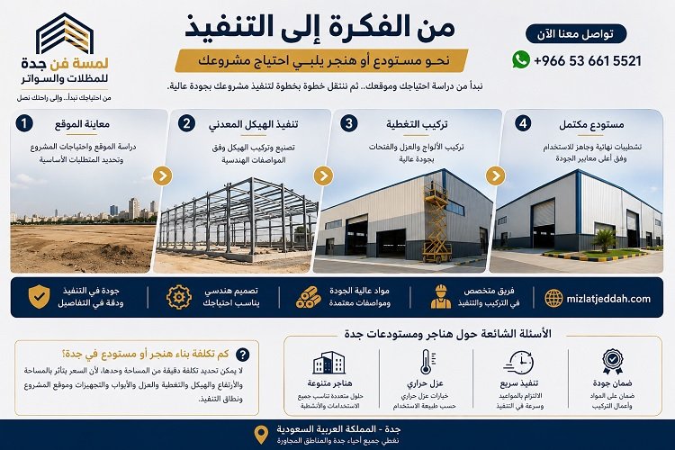 مراحل تصميم وتنفيذ هناجر ومستودعات جدة من المعاينة حتى التسليم.