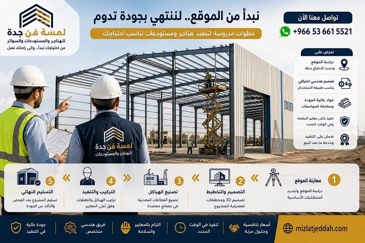 معاينة وتصميم وتنفيذ هناجر ومستودعات جدة من الموقع حتى التسليم