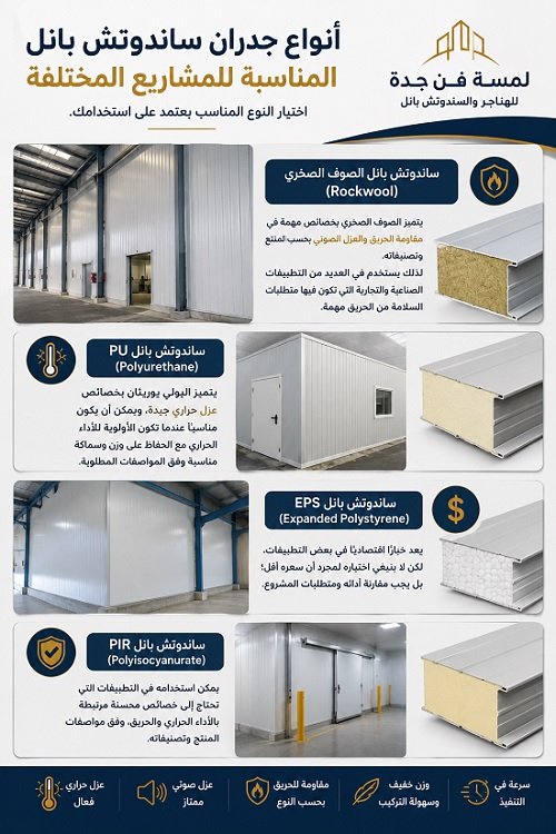 أنواع جدران ساندوتش بانل جدة مقارنة بين Rockwool وPU وEPS وPIR واستخدامات كل نوع في المشاريع المختلفة