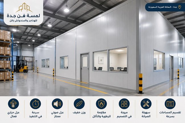 جدران ساندوتش بانل بجدة لتقسيم المستودعات والمصانع مع عزل حراري وصوتي وسرعة في التنفيذ